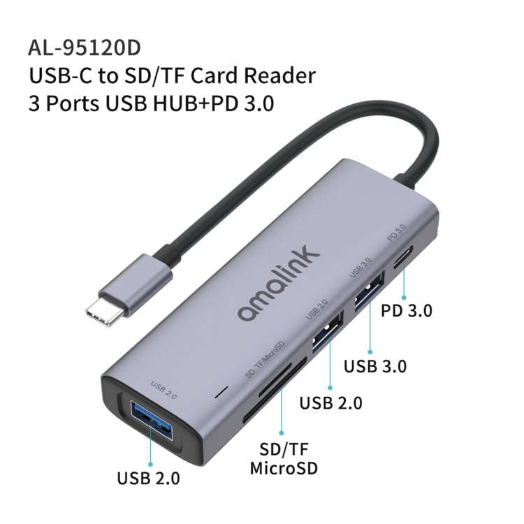 amalink 95120D Type-C / USB-C to SD/TF + 3 Ports USB + PD 3.0 Multi-function HUB (Grey)