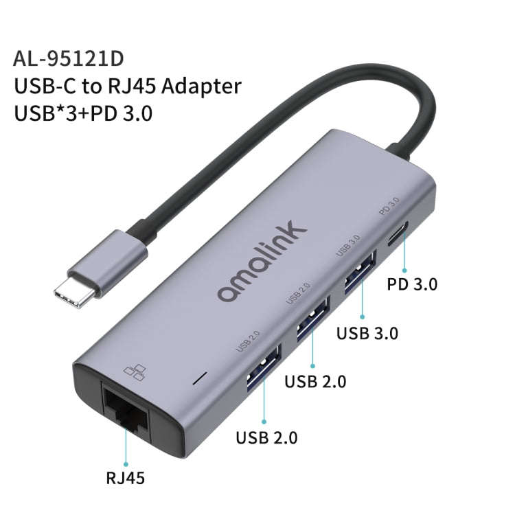 amalink 95121D Type-C / USB-C to RJ45 + 3 Ports USB + PD 3.0 Multi-function HUB(Grey)