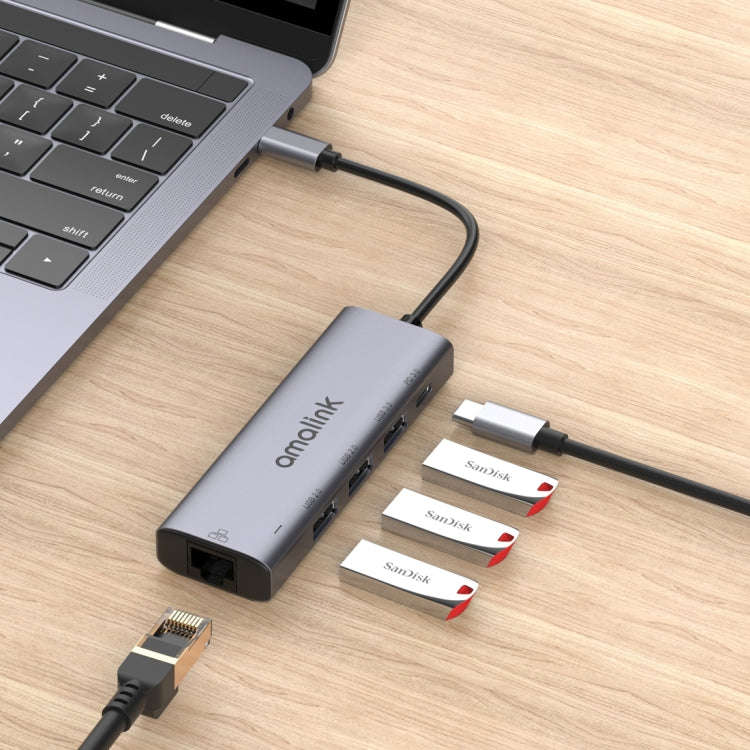 amalink 95121D Type-C / USB-C to RJ45 + 3 Ports USB + PD 3.0 Multi-function HUB(Grey)