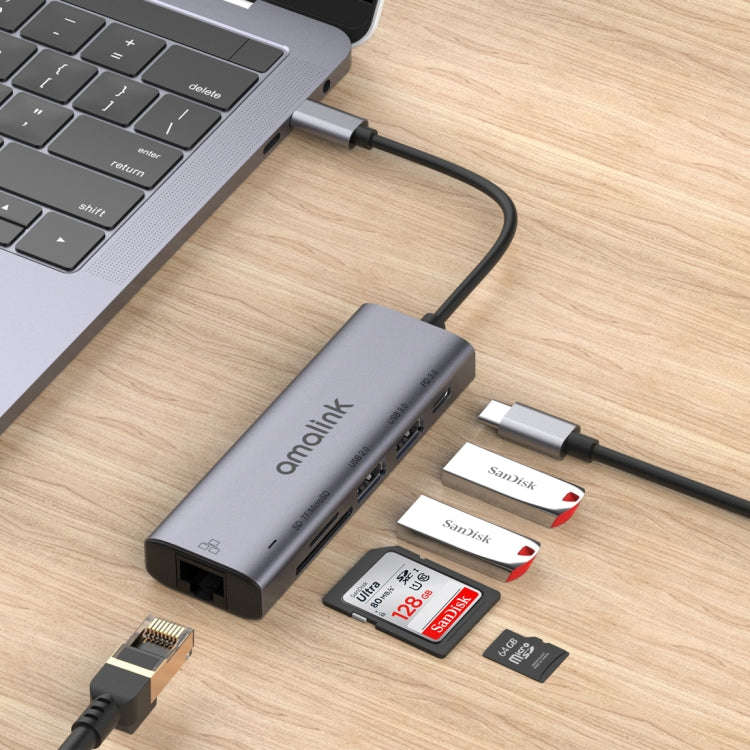amalink 95122D Type-C / USB-C to RJ45 + 2 Ports USB + PD 3.0 Multi-function HUB(Grey)