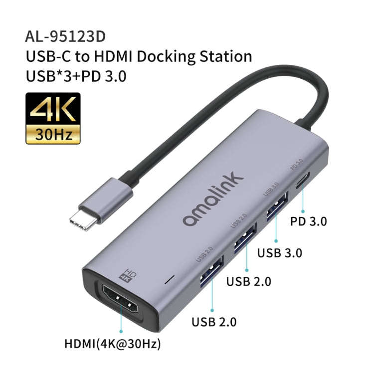 amalink 95123D Type-C / USB-C to HDMI + 3 Ports USB + PD 3.0 Multi-function HUB(Grey)