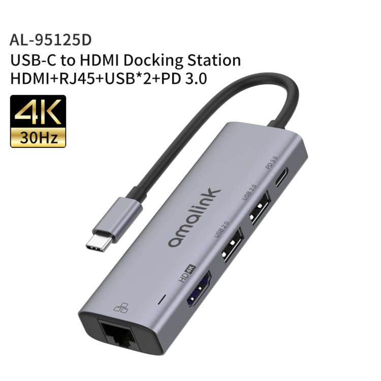 amalink 95125D Type-C / USB-C to HDMI + RJ45 + 2 Ports USB + PD 3.0 Multi-function HUB(Grey)