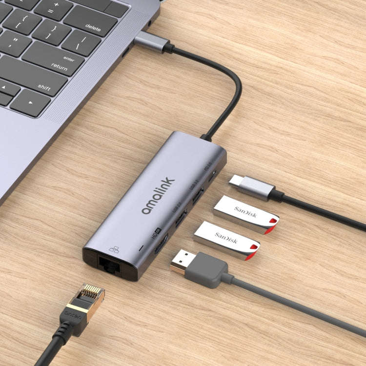 amalink 95125D Type-C / USB-C to HDMI + RJ45 + 2 Ports USB + PD 3.0 Multi-function HUB(Grey)