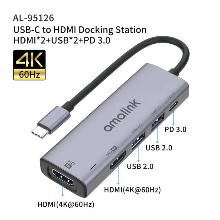 amalink 95126 Type-C / USB-C to Dual HDMI + 2 Ports USB + PD 3.0 Multi-function HUB(Grey)