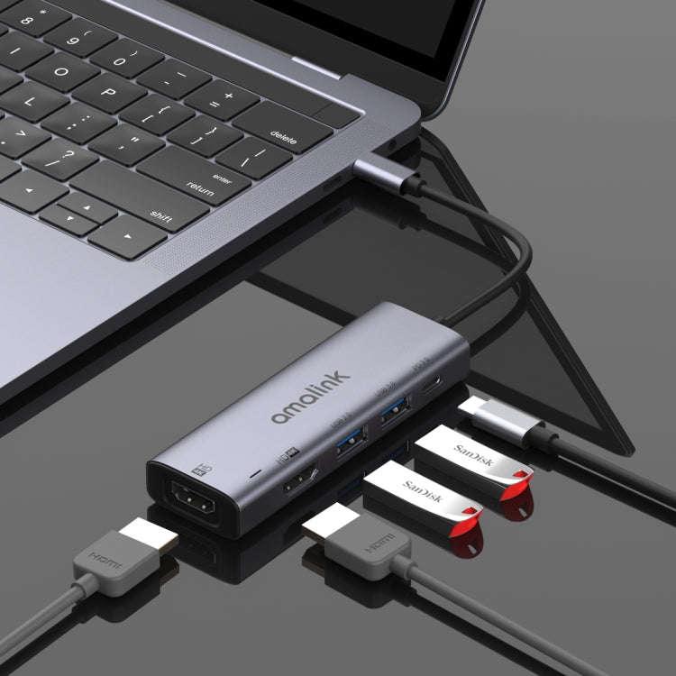 amalink 95126 Type-C / USB-C to Dual HDMI + 2 Ports USB + PD 3.0 Multi-function HUB(Grey)