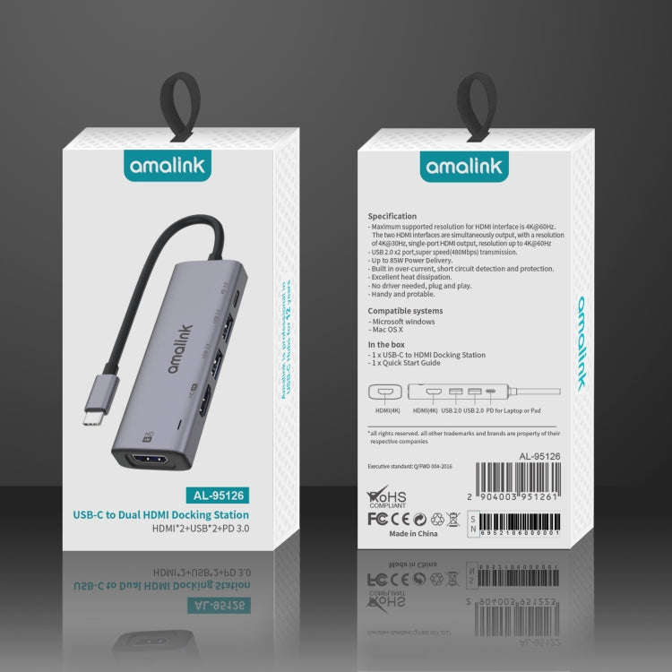 amalink 95126 Type-C / USB-C to Dual HDMI + 2 Ports USB + PD 3.0 Multi-function HUB(Grey)