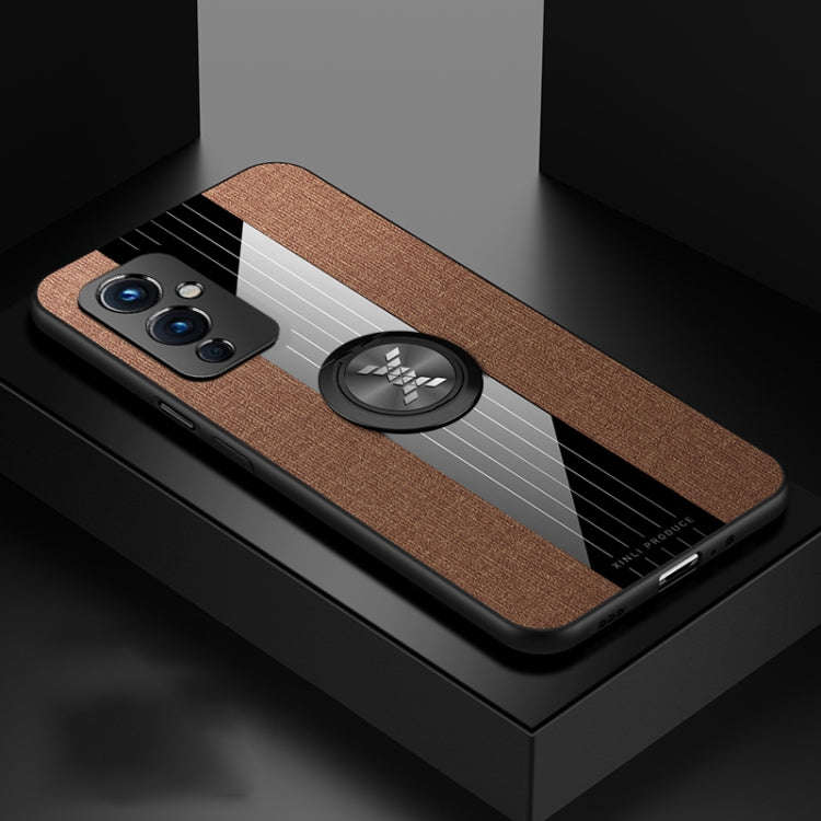 For OnePlus 9 XINLI Stitching Cloth Texture TPU Phone Case with Ring Holder(Brown)