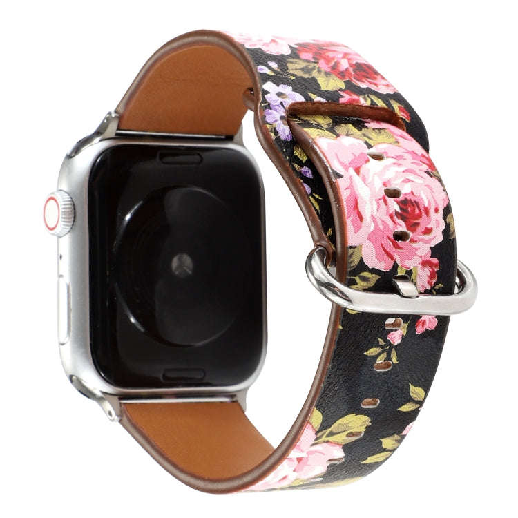 For Apple Watch Series 7 45mm / 6 & SE & 5 & 4 44mm / 3 & 2 & 1 42mm Floral Strap Watch Band(Blac...