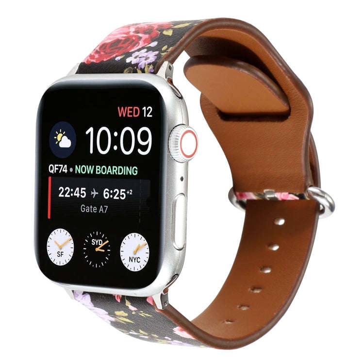For Apple Watch Series 7 45mm / 6 & SE & 5 & 4 44mm / 3 & 2 & 1 42mm Floral Strap Watch Band(Blac...