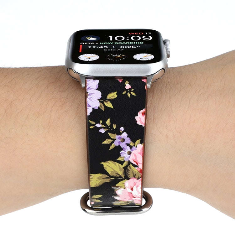 For Apple Watch Series 7 45mm / 6 & SE & 5 & 4 44mm / 3 & 2 & 1 42mm Floral Strap Watch Band(Blac...