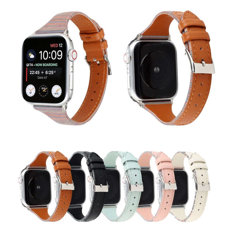 For Apple Watch Series 7 41mm / 6 & SE & 5 & 4 40mm / 3 & 2 & 1 38mm Stitching Stripes Genuine Le...