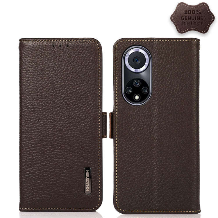 For Huawei nova 9 KHAZNEH Side-Magnetic Litchi Genuine Leather RFID Phone Case(Brown)