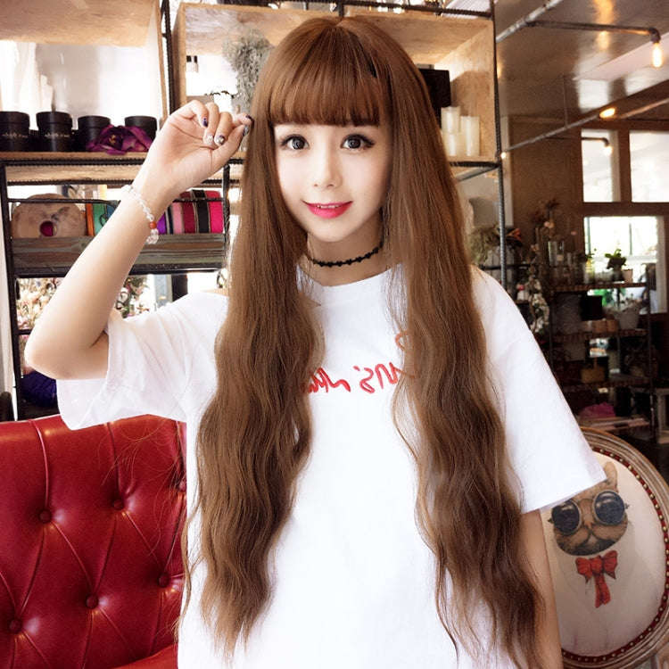 Air Bangs Fluffy Corn Blanching Water Ripple Long Curly Hair Wig Rose Net Headgear for Women(Ligh...
