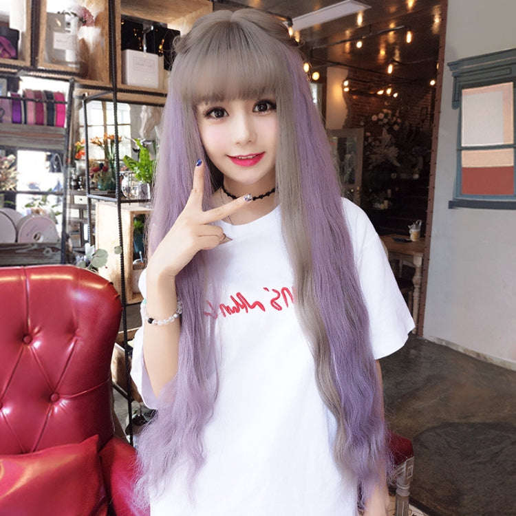 Air Bangs Fluffy Corn Blanching Water Ripple Long Curly Hair Wig Rose Net Headgear for Women(Gree...