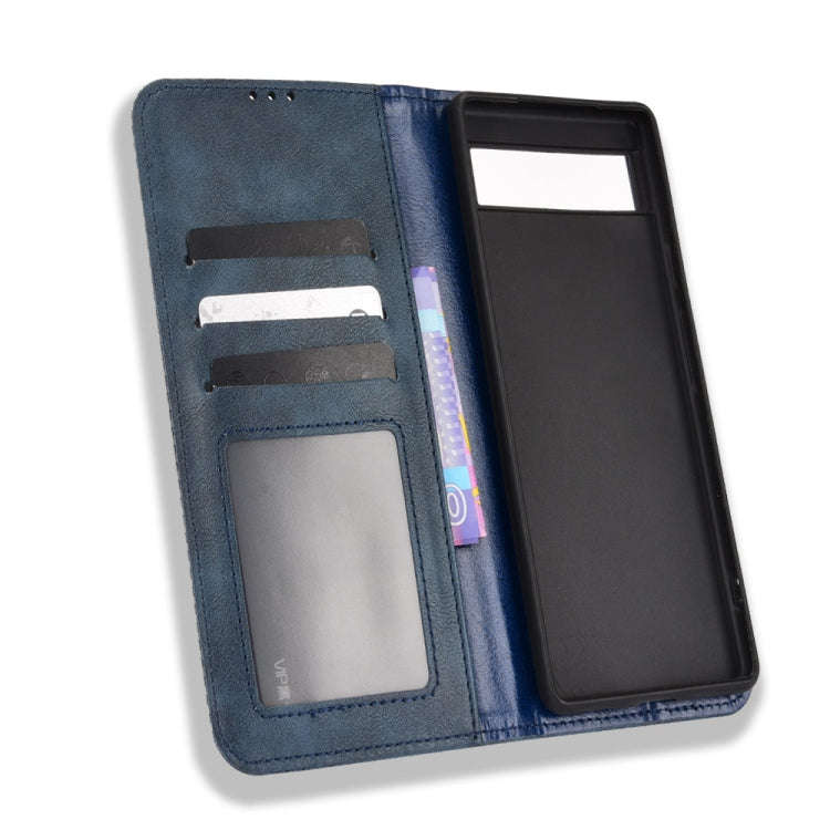 For Google Pixel 6a Magnetic Buckle Retro Texture Leather Case(Blue)