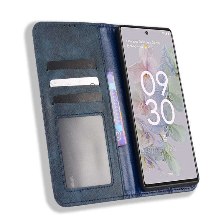 For Google Pixel 6a Magnetic Buckle Retro Texture Leather Case(Blue)