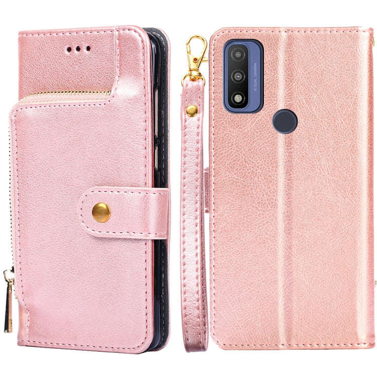 For Motorola Moto G Pure Zipper Bag Leather Phone Case(Rose Gold)