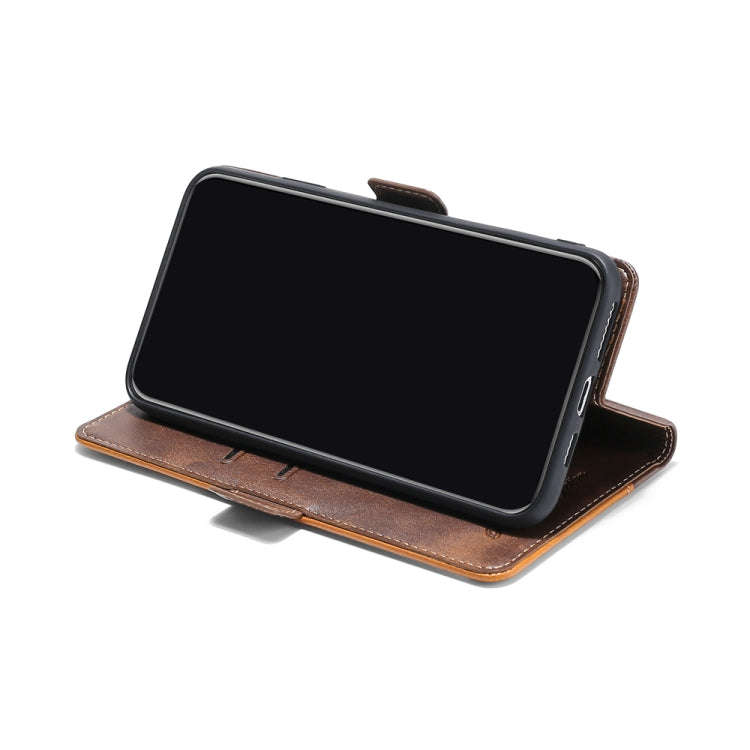For Motorola Moto E20 / E40 Contrast Color Side Buckle Leather Phone Case(Light Brown + Green)