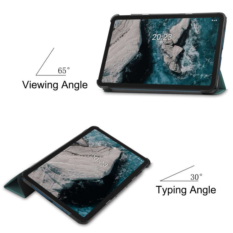 For Nokia T20 Three-folding Holder Custer Texture Leather Tablet Case(Dark Green)