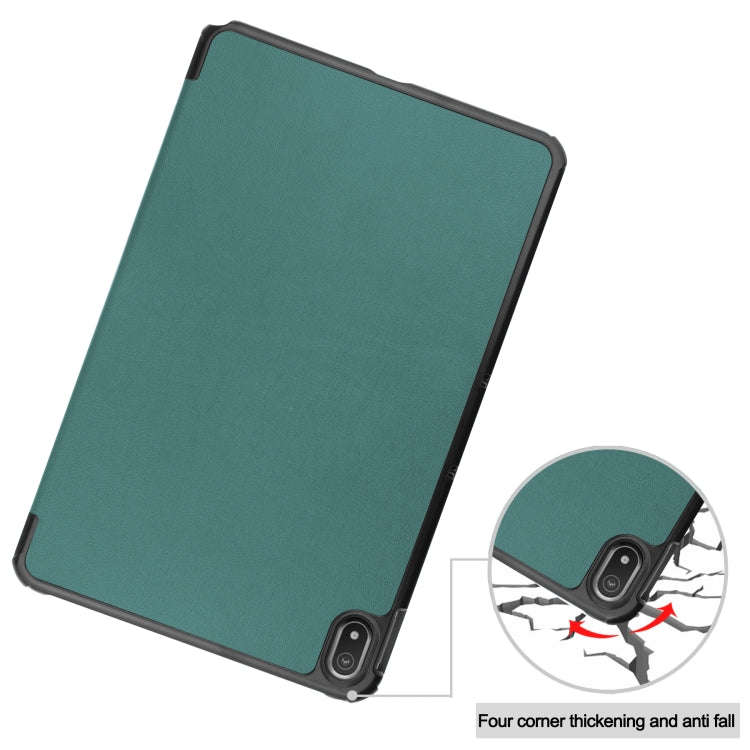 For Nokia T20 Three-folding Holder Custer Texture Leather Tablet Case(Dark Green)