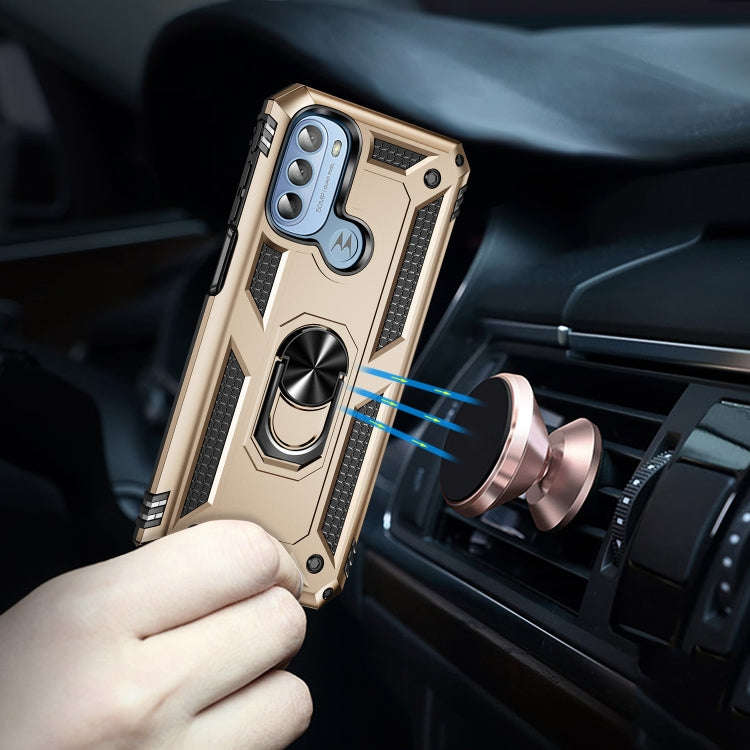 For Motorola Moto G31 / G41 Shockproof TPU + PC Phone Case with Holder(Gold)