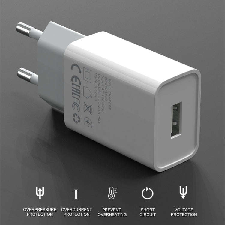 IVON AD-33 2 in 1 2.1A Single USB Port Travel Charger + 1m USB to Micro USB Data Cable Set, EU Pl...