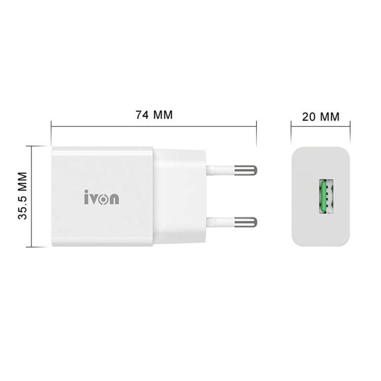 IVON AD-35 2 in 1 18W QC3.0 USB Port Travel Charger + 1m USB to Micro USB Data Cable Set, EU Plug...