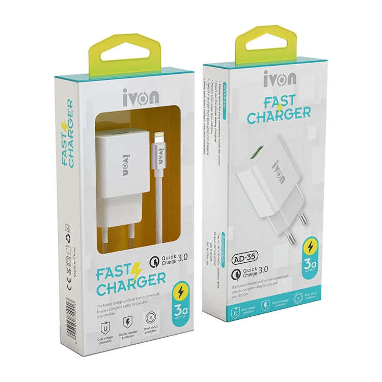 IVON AD-35 2 in 1 18W QC3.0 USB Port Travel Charger + 1m USB to Micro USB Data Cable Set, EU Plug...