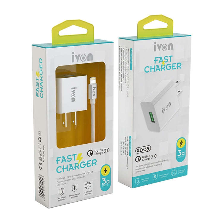 IVON AD-35 2 in 1 18W QC3.0 USB Port Travel Charger + 1m USB to USB-C / Type-C Data Cable Set, US...