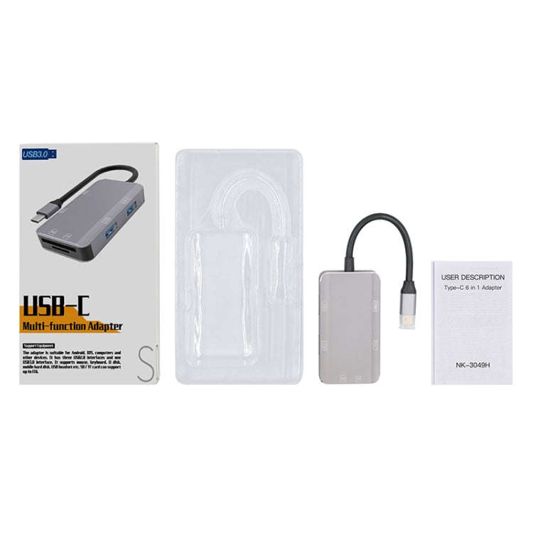 NK-3049H 6 in 1 USB-C / Type-C to TF / SD Card Slot + USB 3.0 + 3 USB 2.0 Female Adapter(Space Grey)