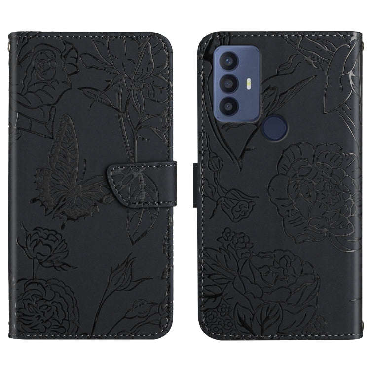 For Sharp Aquos V6 / V6 Plus Skin Feel Butterfly Peony Embossed Leather Phone Case(Black)