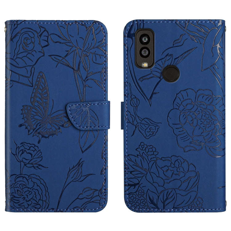 For Kyocera Android One S9 Skin Feel Butterfly Peony Embossed Leather Phone Case(Blue)