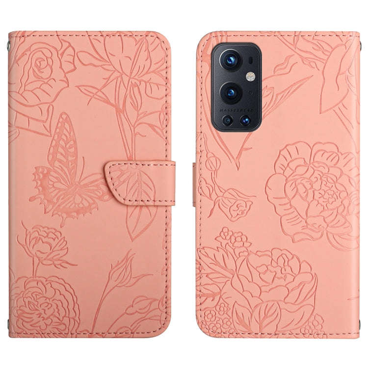 For OnePlus 9 Pro Skin Feel Butterfly Peony Embossed Leather Phone Case(Pink)