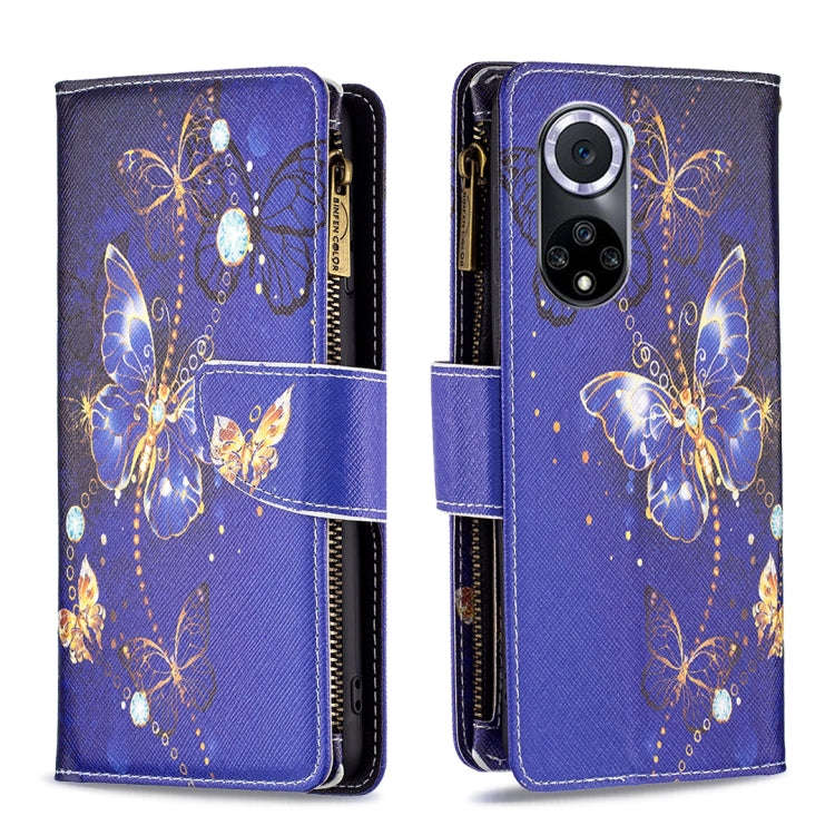 For Honor 50 / Huawei nova 9 Colored Drawing Pattern Zipper Leather Phone Case(Purple Butterfly)