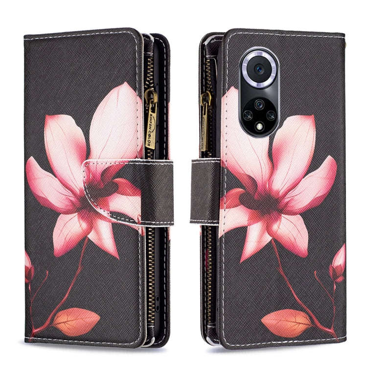 For Honor 50 / Huawei nova 9 Colored Drawing Pattern Zipper Leather Phone Case(Lotus)
