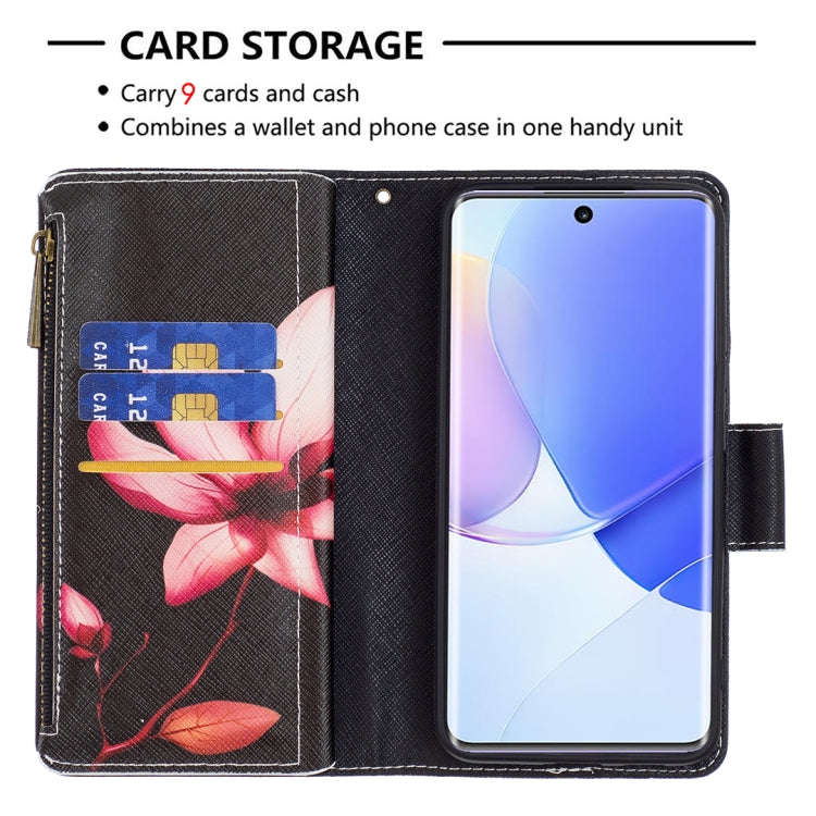 For Honor 50 / Huawei nova 9 Colored Drawing Pattern Zipper Leather Phone Case(Lotus)