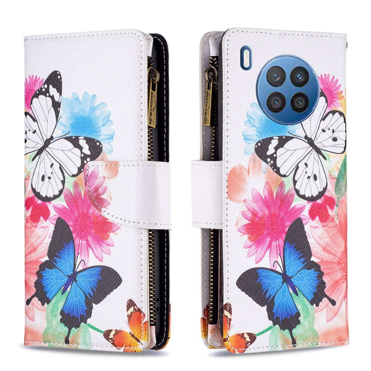 For Honor 50 Lite / Huawei nova 8i Colored Drawing Pattern Zipper Leather Phone Case(Two Butterfl...
