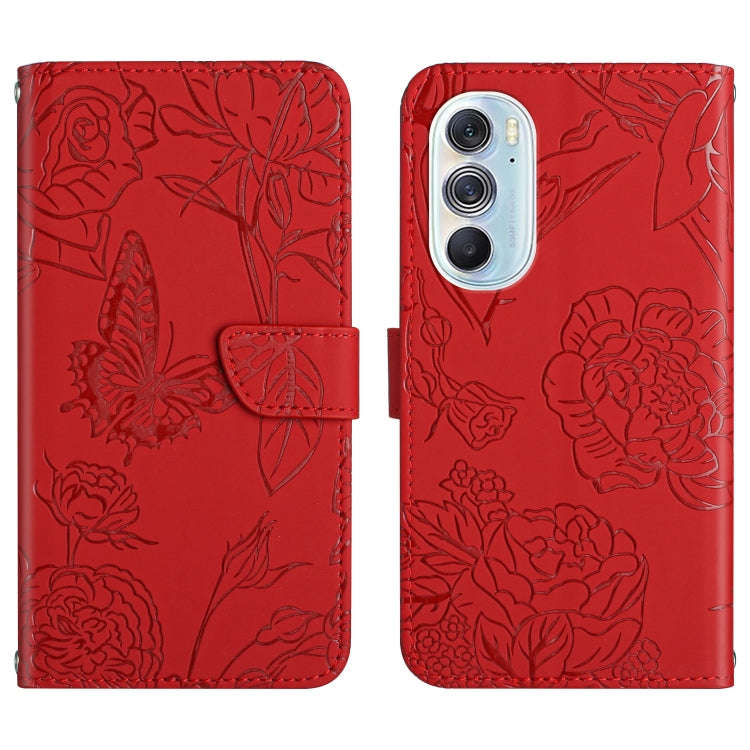 For Motorola Edge X30 Skin Feel Butterfly Peony Embossed Leather Phone Case(Red)