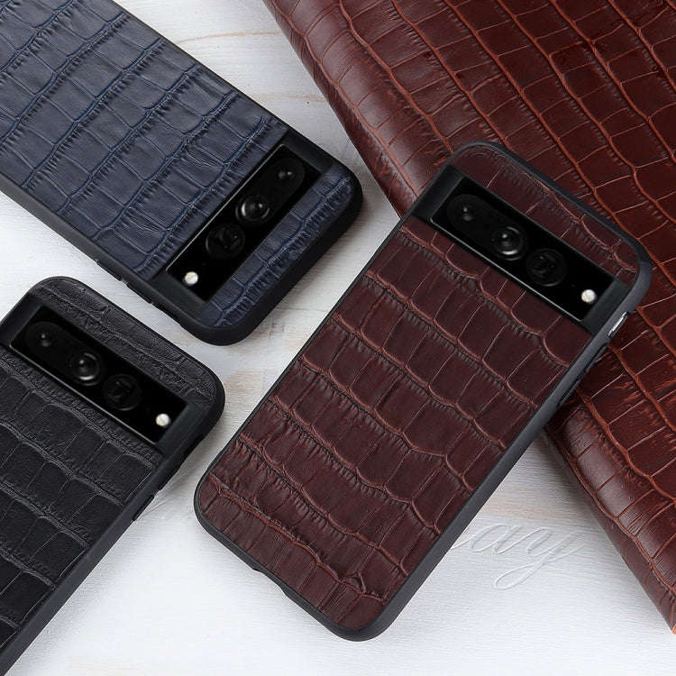For Google Pixel 7 Pro Accurate Hole Crocodile Texture Genuine Leather Phone Case(Brown)