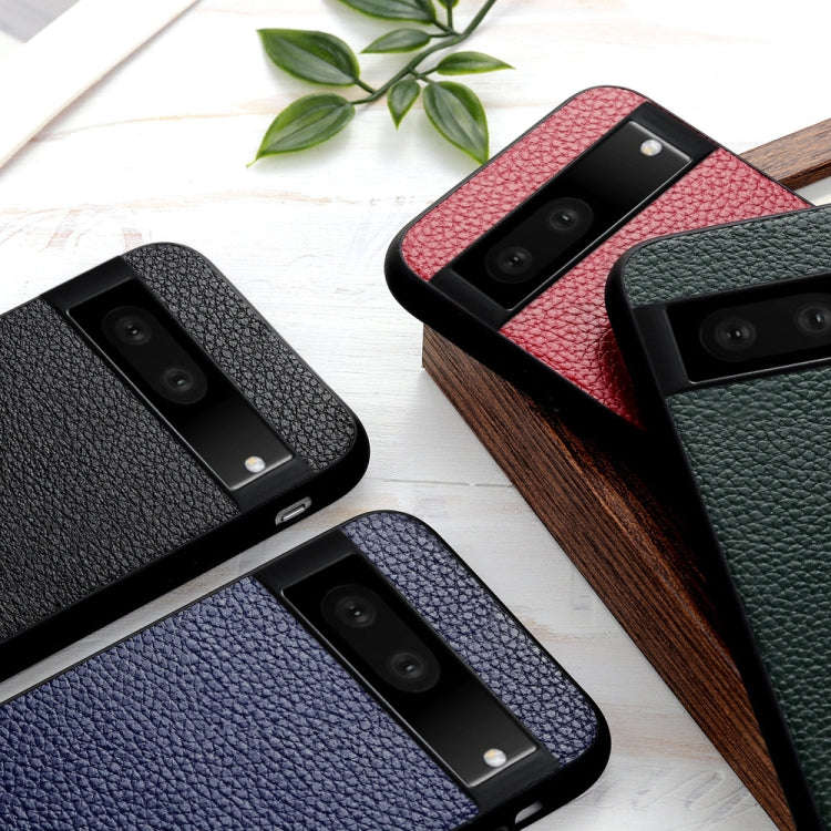 For Google Pixel 7 Accurate Hole Litchi Texture Genuine Leather Phone Case(Blue)