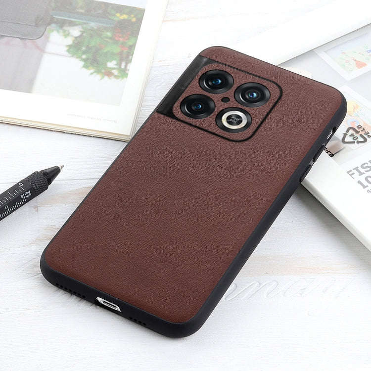 For OnePlus 10 Pro Accurate Hole Lambskin Texture Genuine Leather Phone Case(Brown)