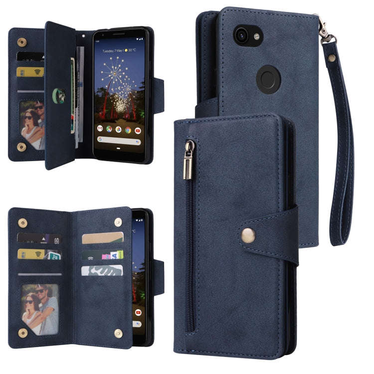 For Google Pixel 3A Rivet Buckle 9 Cards Three Fold Leather Phone Case(Blue)