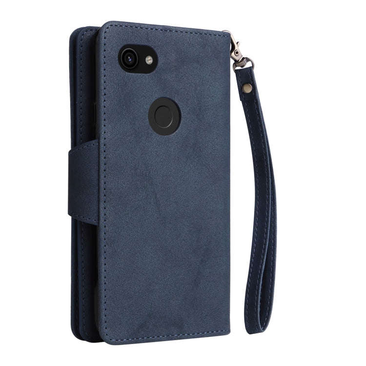 For Google Pixel 3A Rivet Buckle 9 Cards Three Fold Leather Phone Case(Blue)
