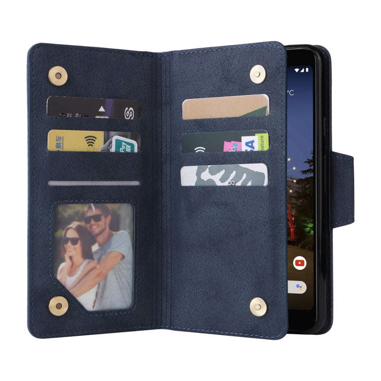 For Google Pixel 3A Rivet Buckle 9 Cards Three Fold Leather Phone Case(Blue)