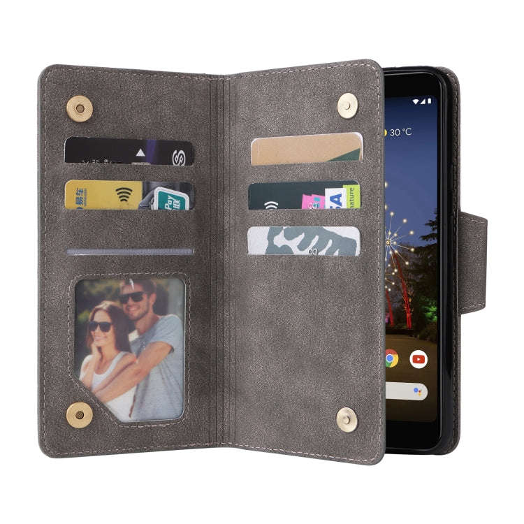 For Google Pixel 3A Rivet Buckle 9 Cards Three Fold Leather Phone Case(Grey)