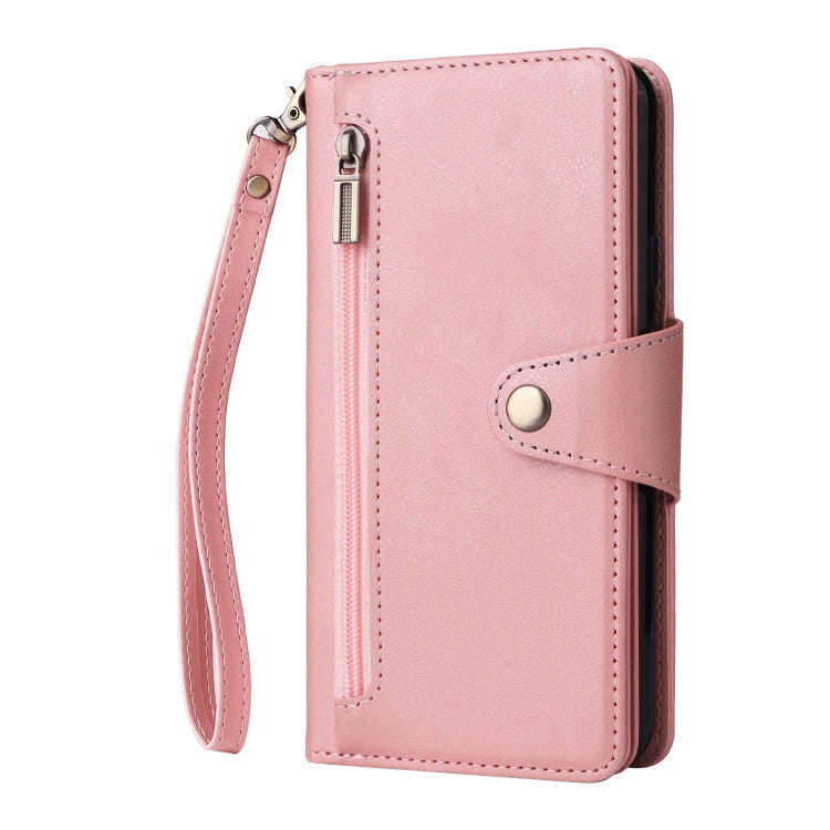 For Google Pixel 3A Rivet Buckle 9 Cards Three Fold Leather Phone Case(Rose Gold)