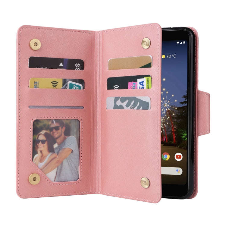 For Google Pixel 3A Rivet Buckle 9 Cards Three Fold Leather Phone Case(Rose Gold)