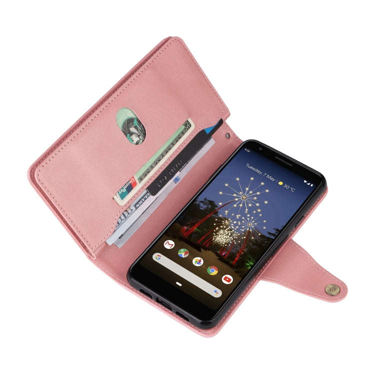For Google Pixel 3A Rivet Buckle 9 Cards Three Fold Leather Phone Case(Rose Gold)