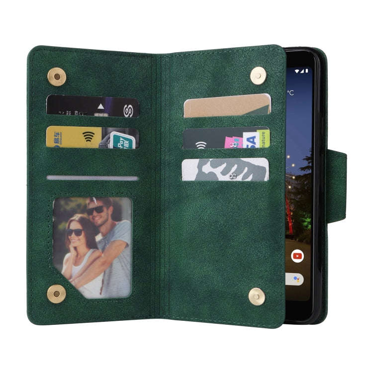 For Google Pixel 3A Rivet Buckle 9 Cards Three Fold Leather Phone Case(Green)