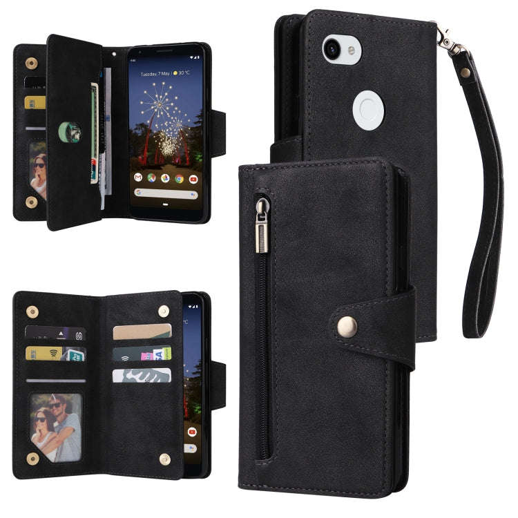 For Google Pixel 3A XL Rivet Buckle 9 Cards Three Fold Leather Phone Case(Black)